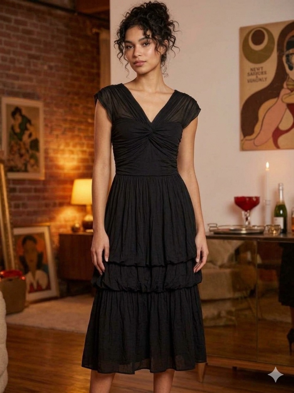 Tracy Reese VTG Y2K Black Gathered Illusion Frock Midi Dress Whimsigoth Romantic